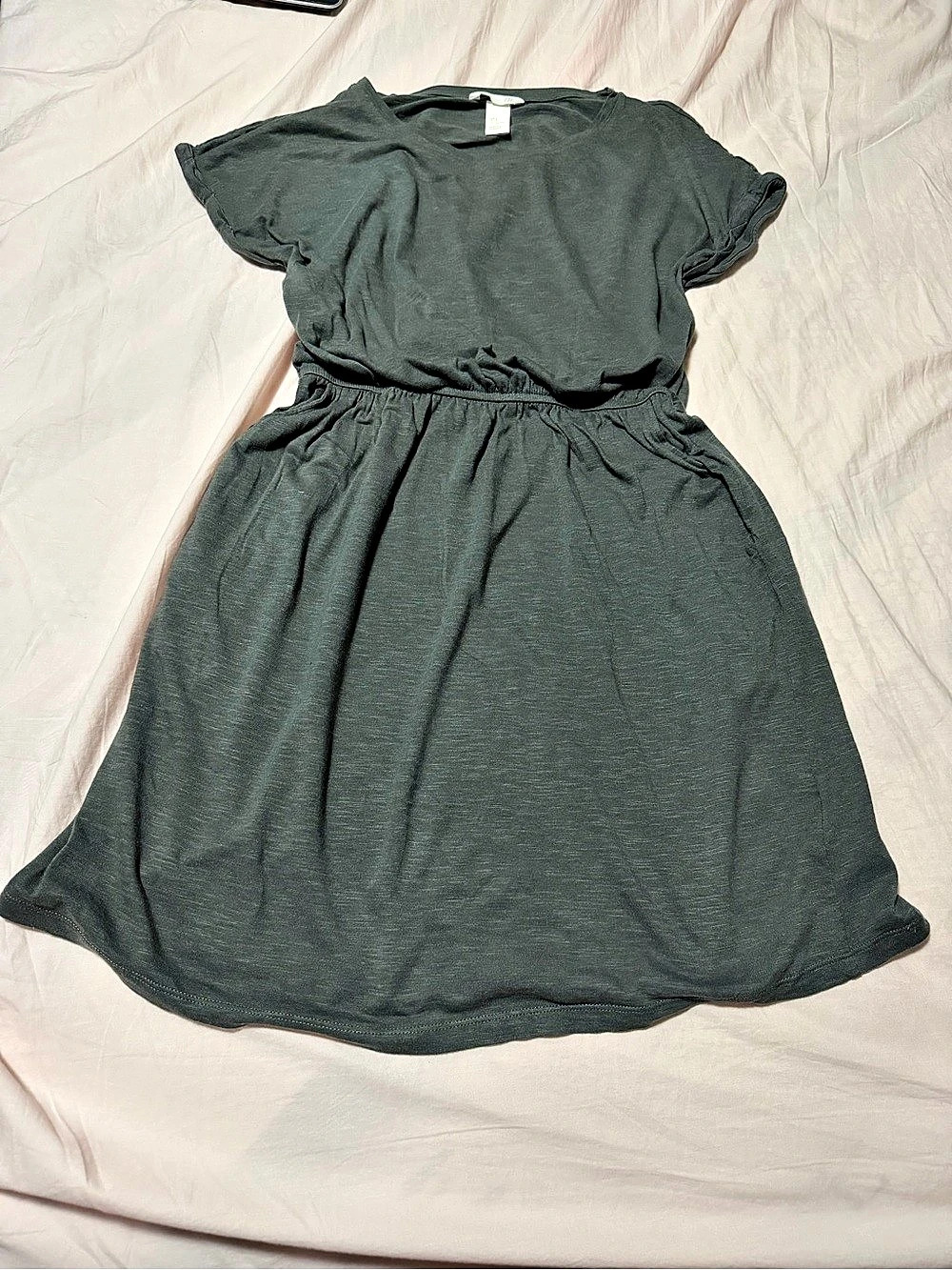 H&M Olive Green Mini T-Shirt Dress w/ Pockets & Cinch Waist